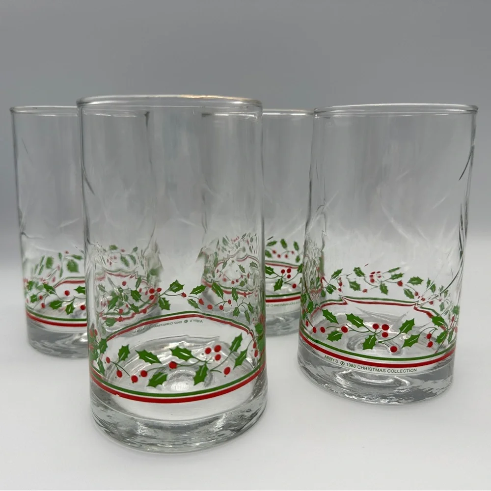 Vtg Set 4 ARBY Christmas Holiday Glass Holly Berry Drinking Glasses ARBY'S 1980s